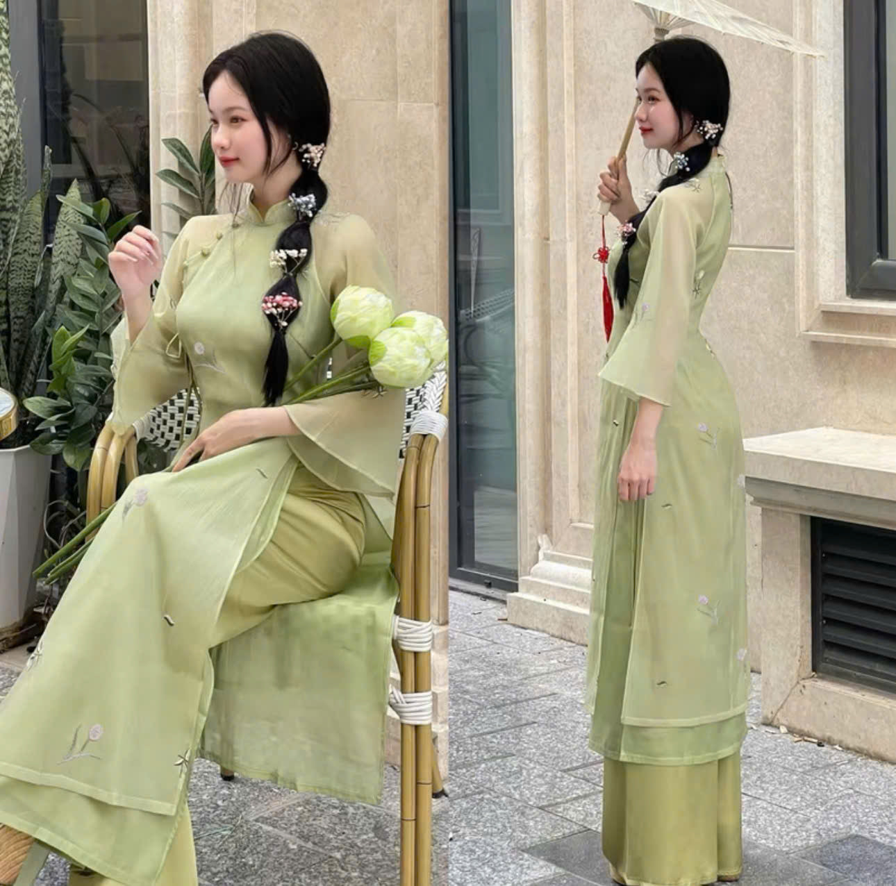Set bà ba nữ thiết kế voan thêu hoa phối quần lụa và áo dài tơ hoa Hongkong
