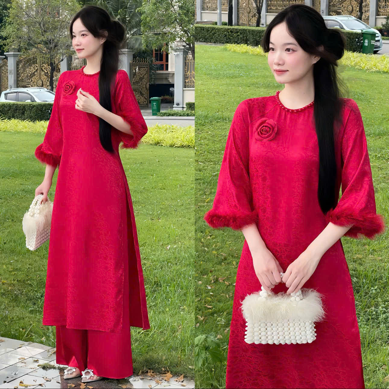 Set bà ba nữ thiết kế voan thêu hoa phối quần lụa và áo dài tơ hoa Hongkong