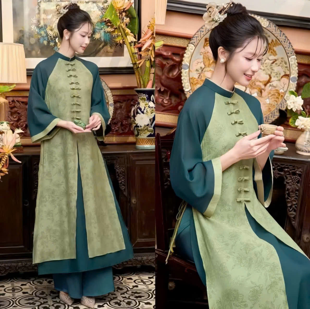 Set bà ba nữ thiết kế voan thêu hoa phối quần lụa và áo dài tơ hoa Hongkong