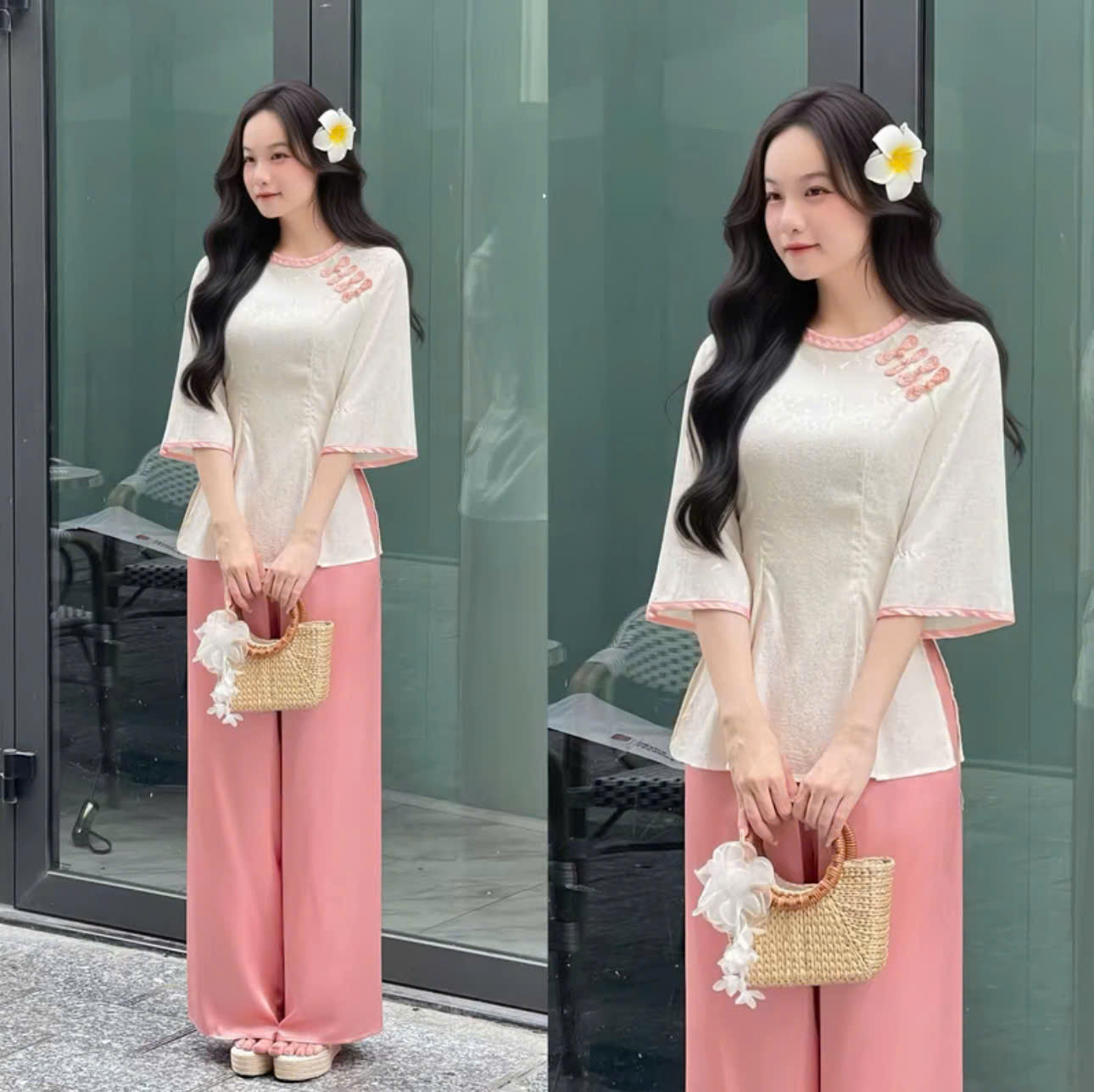 Set bà ba nữ thiết kế voan thêu hoa phối quần lụa và áo dài tơ hoa Hongkong