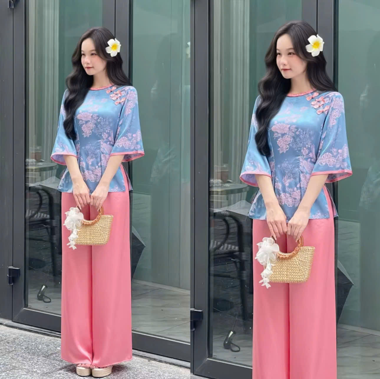 Set bà ba nữ thiết kế voan thêu hoa phối quần lụa và áo dài tơ hoa Hongkong