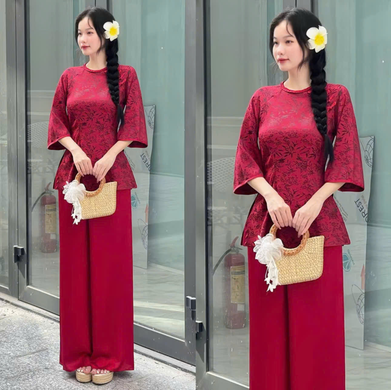 Set bà ba nữ thiết kế voan thêu hoa phối quần lụa và áo dài tơ hoa Hongkong