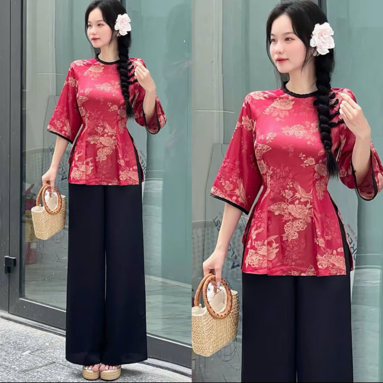 Set bà ba nữ thiết kế voan thêu hoa phối quần lụa và áo dài tơ hoa Hongkong