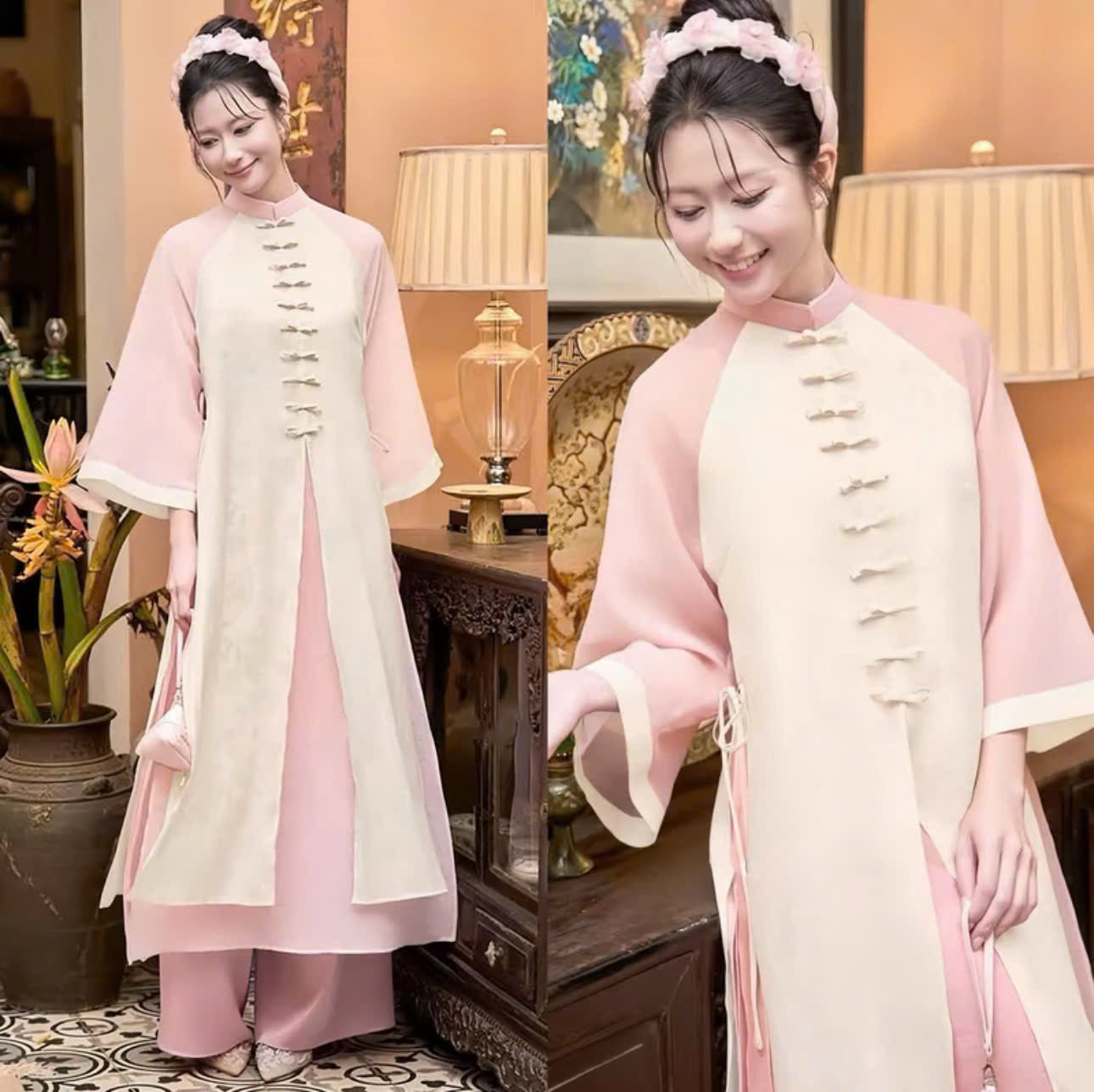 Set bà ba nữ thiết kế voan thêu hoa phối quần lụa và áo dài tơ hoa Hongkong