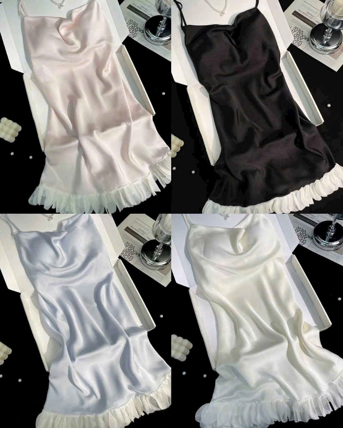 Váy ngủ 2 dây mảnh chất lụa phối viền bèo